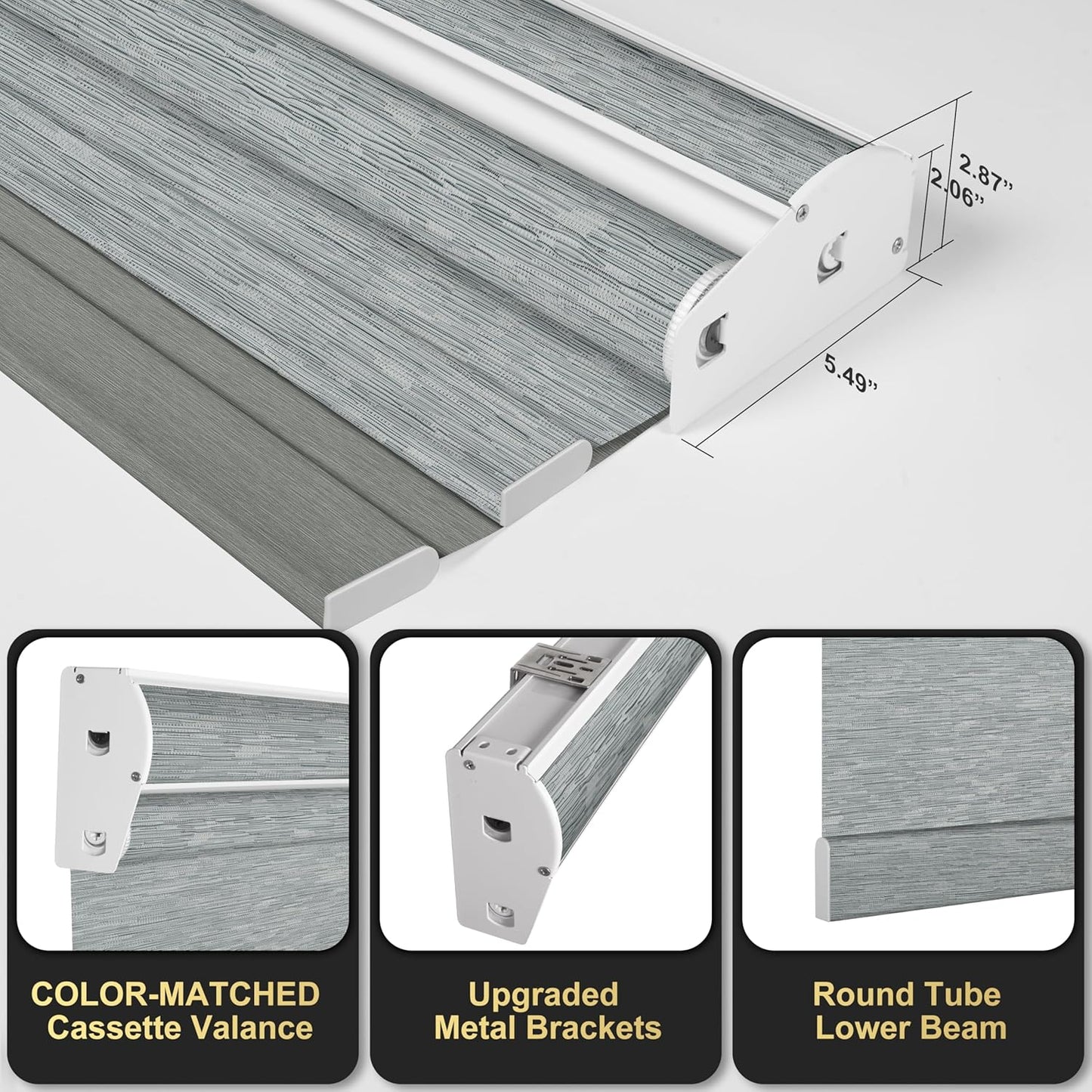 BERISSA Cordless Dual Roller Shades with Cassette Valance, Double Shades - Blackout and Light Filtering, Day and Night for Home Office Door. Striped Jacquard Grey. 56 W x 44" H