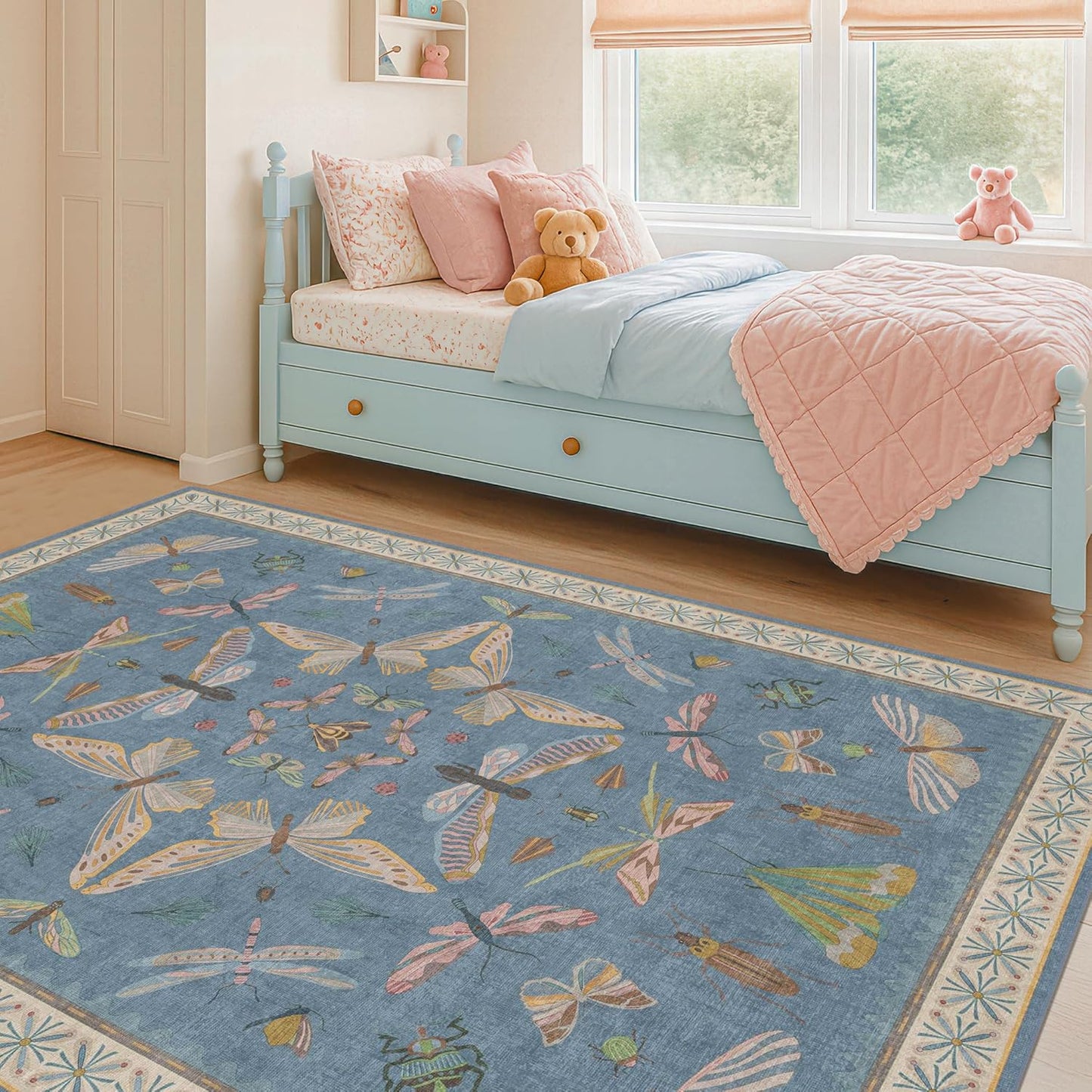 Cute Blue Rugs for Kids Room Boys - Washable 5x7 Area Rugs for Nursery, Baby Bedroom, Toddler Playroom, Insect Bug Print Carpet, Soft Non Slip Stain Resistant