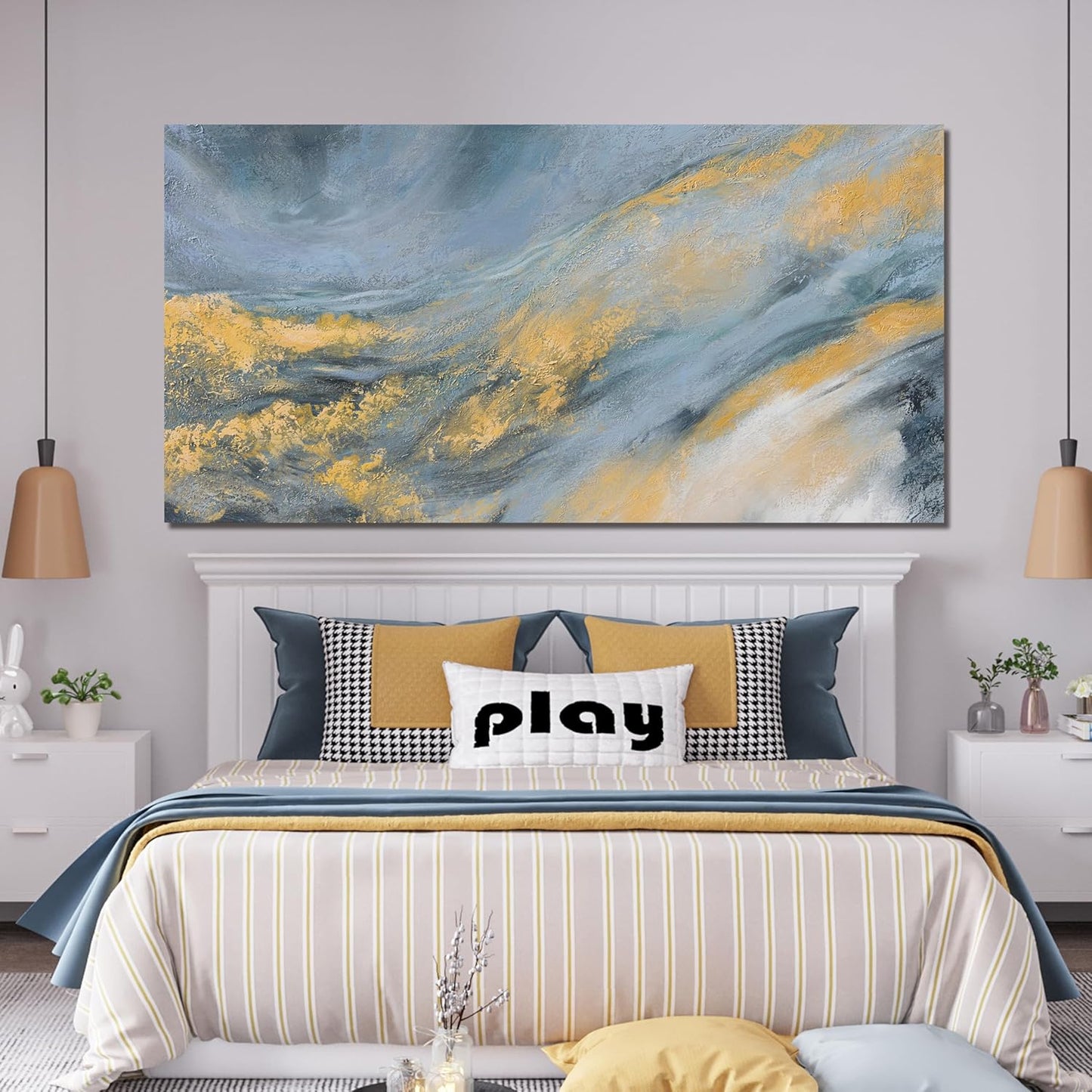 Abstract Wall Art Decor Large Modern Blue Wall Art Prints Abstract Canvas Art Wall Decor Large Canvas Wall Art for Living Room Gold Wall Art Decorations Artwork for Walls Bedroom Office Decor 29"X58"