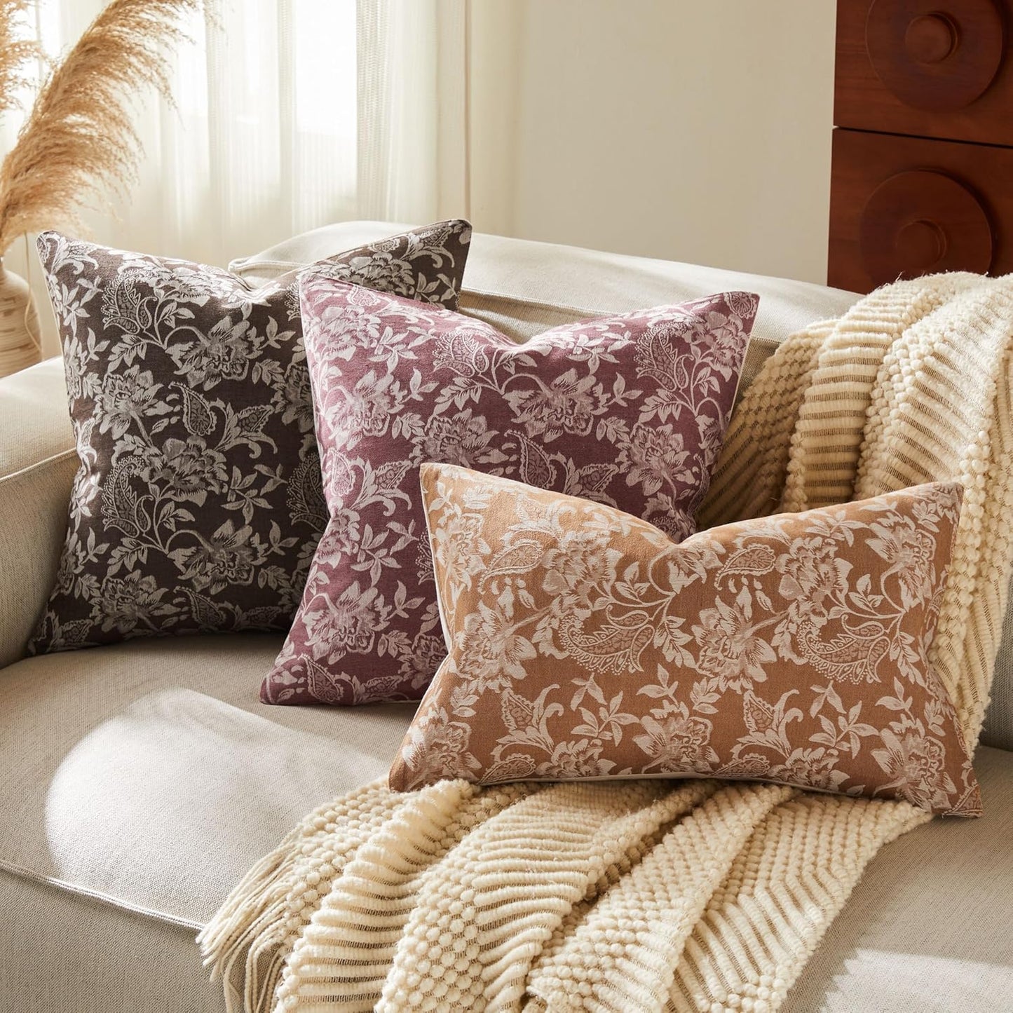 Floral Jacquard Throw Pillow Covers Set of 2, Background/Burgundy 20x20 Inch, Farmhouse Decorative Cotton Burgundy Cushion Covers for Sofa Bed Living Room Home Decor 