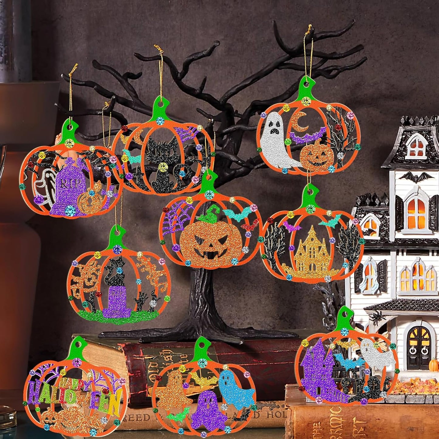 80PCS Wooden Halloween Decoration Pumpkins Ornaments to Paint Happy Halloween Cutouts Unfinished, DIY Blank Unfinished Ghost Spider Web Black Cat Trick or Treat Boo Ornament for Home Crafts Hanging