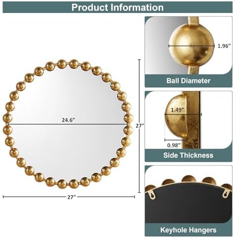 Madison Park Round Mirror, Metal Frame Circle Mirror 27 inch, Wall Art Decor Mounted Hanging for Entryway, Bathroom, hallway, Living Room, Vanity, Marlowe, Gold