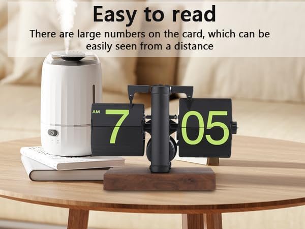 Flip Desk Clock, Retro Vintage Flip Desk Table Clock, Digital Sided Large Numbers Mechanical Flip Clock Wood Base for Living Room, Study Room and Office（Frosted Black）