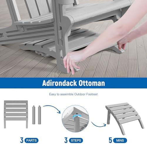 Adirondack Ottoman, All Weather Foot Rest for Adirondack Chair, HDPE Plastic Adirondack Footstool,Outdoor Footrest for Patio,Backyard, Lawn, Fire Pits,Grey