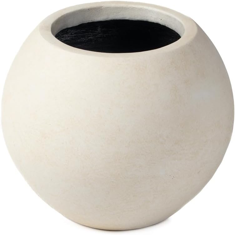 Ash & Ember Onyx 16" D Ceramic Indoor Outdoor Round Sphere Planter, Satin Ivory, Home Decor Evergreen Weather Resistant Modern Planter Pot, Seamless Herb & Seasonal Flower Garden Box