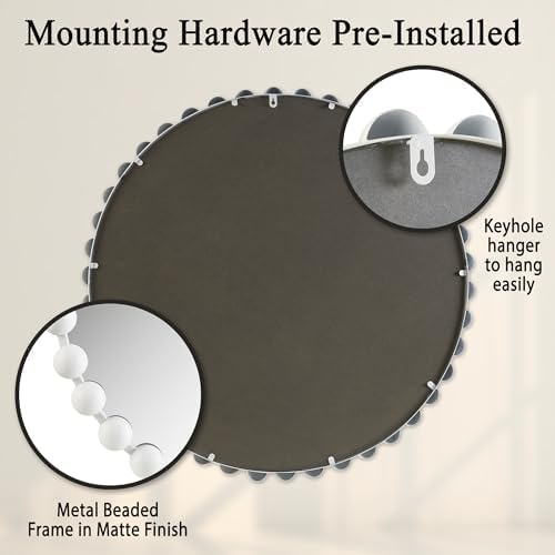 Madison Park Round Mirror, Metal Frame Circle Mirror 36 inch, Wall Art Decor Mounted Hanging for Entryway, Bathroom, Hallway, Living Room, Vanity, Marlowe, White