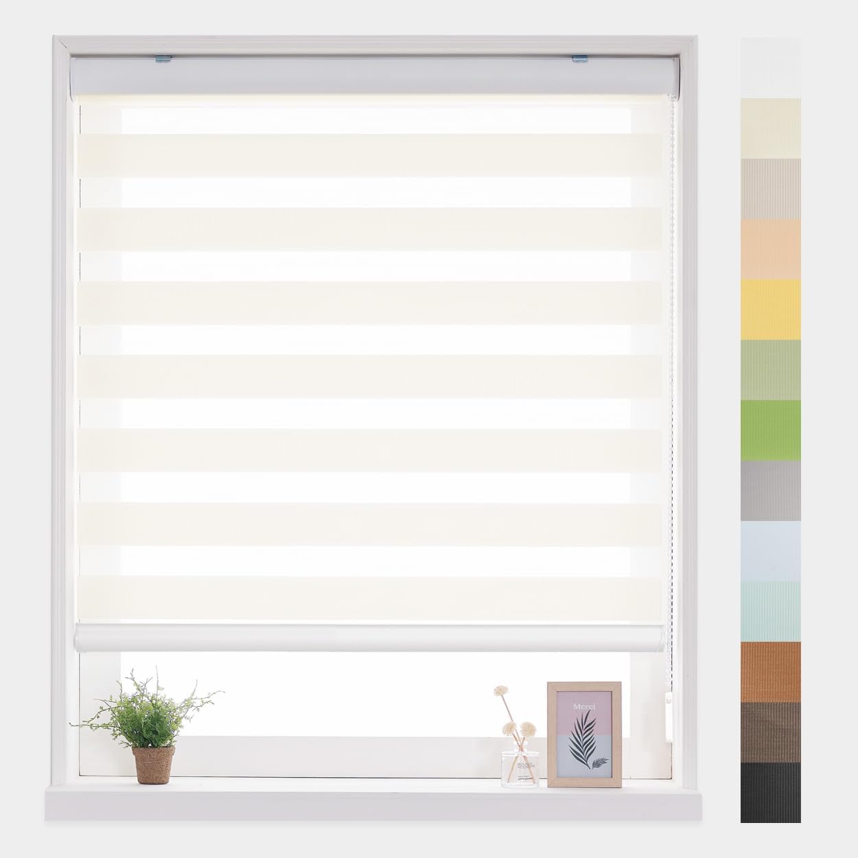 Foiresoft Standard Custom Zebra Roller Blinds for Windows [W10–105 x H10–115 Inch, Ivory, Basic], Light Filtering Dual Layer Shades for Bedroom, Living Room, Office, 13 Colors