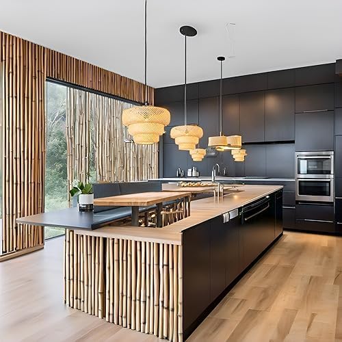 Bamboo Pendant Light,18.5" Boho Rattan Hanging Light 3-Tier Hand Woven Wicker Chandelier for Kitchen Island for Kitchen Island Dining Bedroom Living Room Restaurants