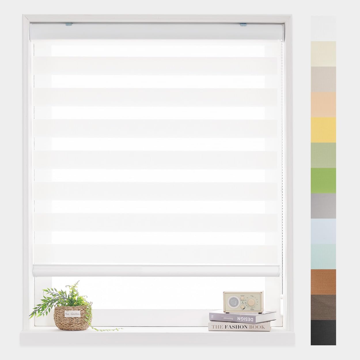 Foiresoft Standard Zebra Roller Blinds for Windows [W49 x H64 Inch, White, Basic], Light Filtering Dual Layer Shades for Bedroom, Living Room, Office, 13 Colors