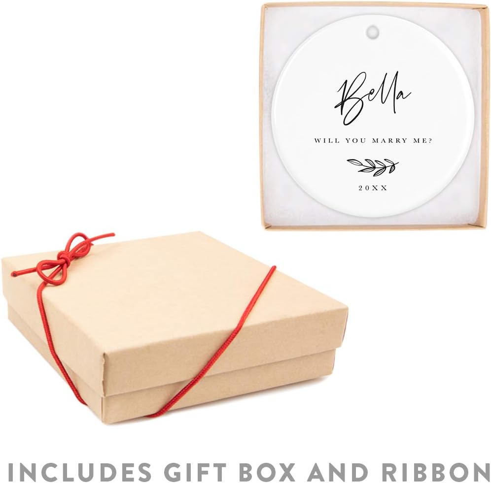 Andaz Press Personalized Engagement Proposal Round Ceramic Porcelain Christmas Tree Ornament Keepsake Gift, Olivia Will You Marry Me?, Antique Handdrawn, 1-Pack Will You Marry Me Christmas Ornament