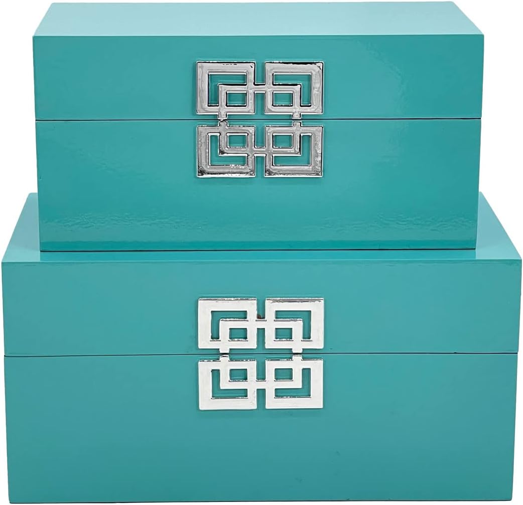 Galt International Large & Small Decorative Storage Box w/Hinged Lid - Classic Design Wood Decor Boxes with Geometric Opening Clasp - Storage for Bedroom and Home - Set of 2 (Blue)
