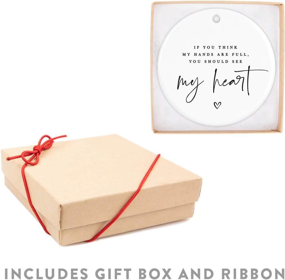 Andaz Press Round Ceramic Porcelain Christmas Tree Ornament for Teacher Thank You Graduation Gift, If You Think My Hands are Full, You Should See My Heart, Heart Graphic, 1-Pack Special Needs Autism