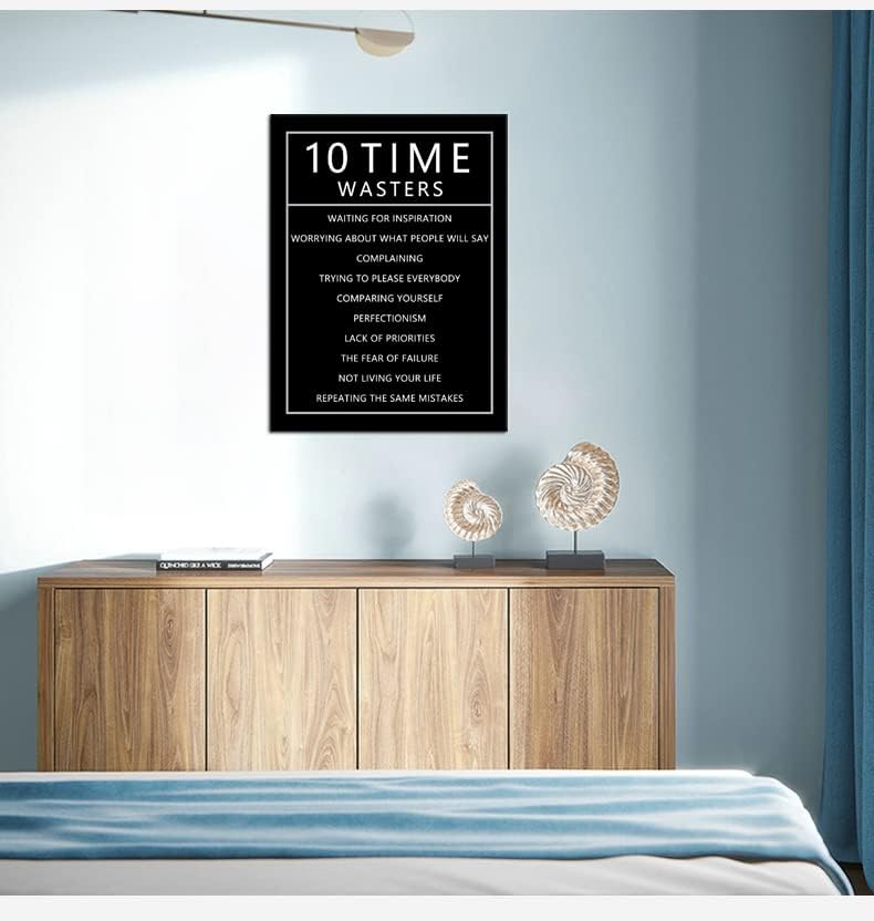 10 Time Wasters Inspirational Canvas Wall Art for Office Motivational Positive Quote Poster Wall Decor Paintings Wooden Framed Artwork Living Room Bedroom Home Decoration Ready to Hang [18''W x 24''H]