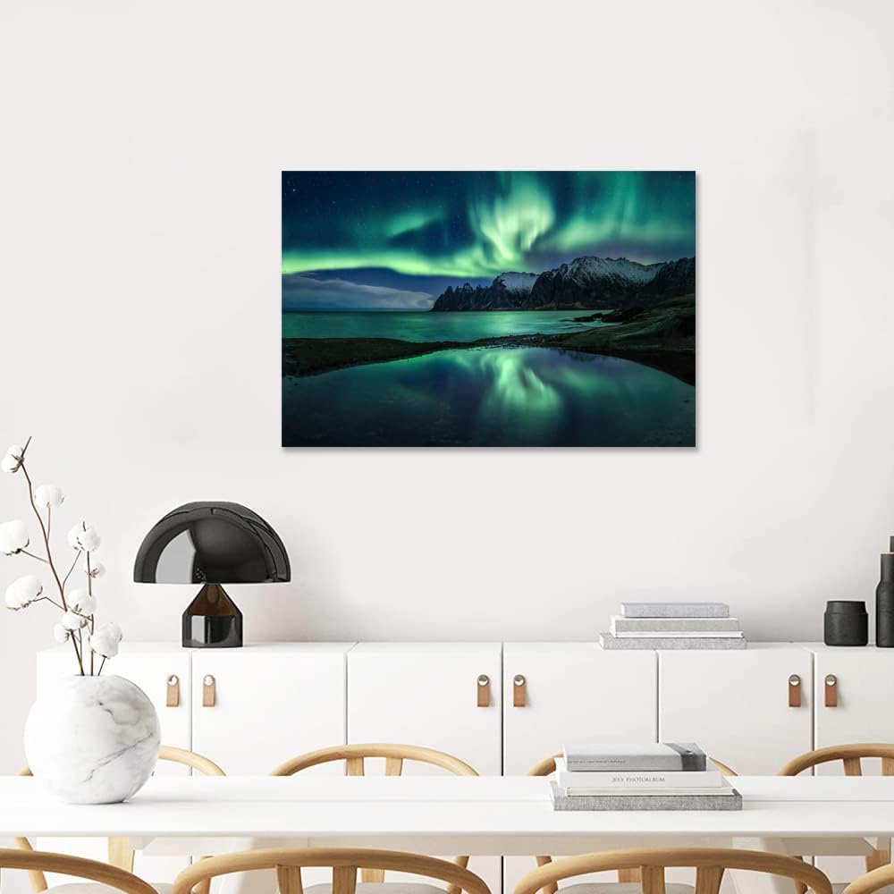 Aurora Borealis Wall Art Painting for Office Bedroom Scenery Landscape Canvas Print Framed Picture Northern Lights Poster Artwork Ready to Hang (24.00"x36.00")