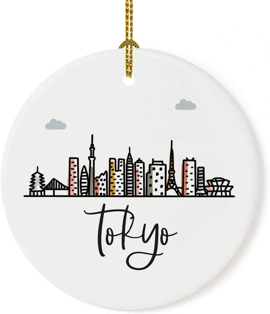 Andaz Press Round Ceramic Porcelain Christmas Tree Ornament Keepsake Gift, Tokyo, Colorful International City Skyline Graphic, 1-Pack, Birthday Ideas Family Coworker Him Her, Gift Box