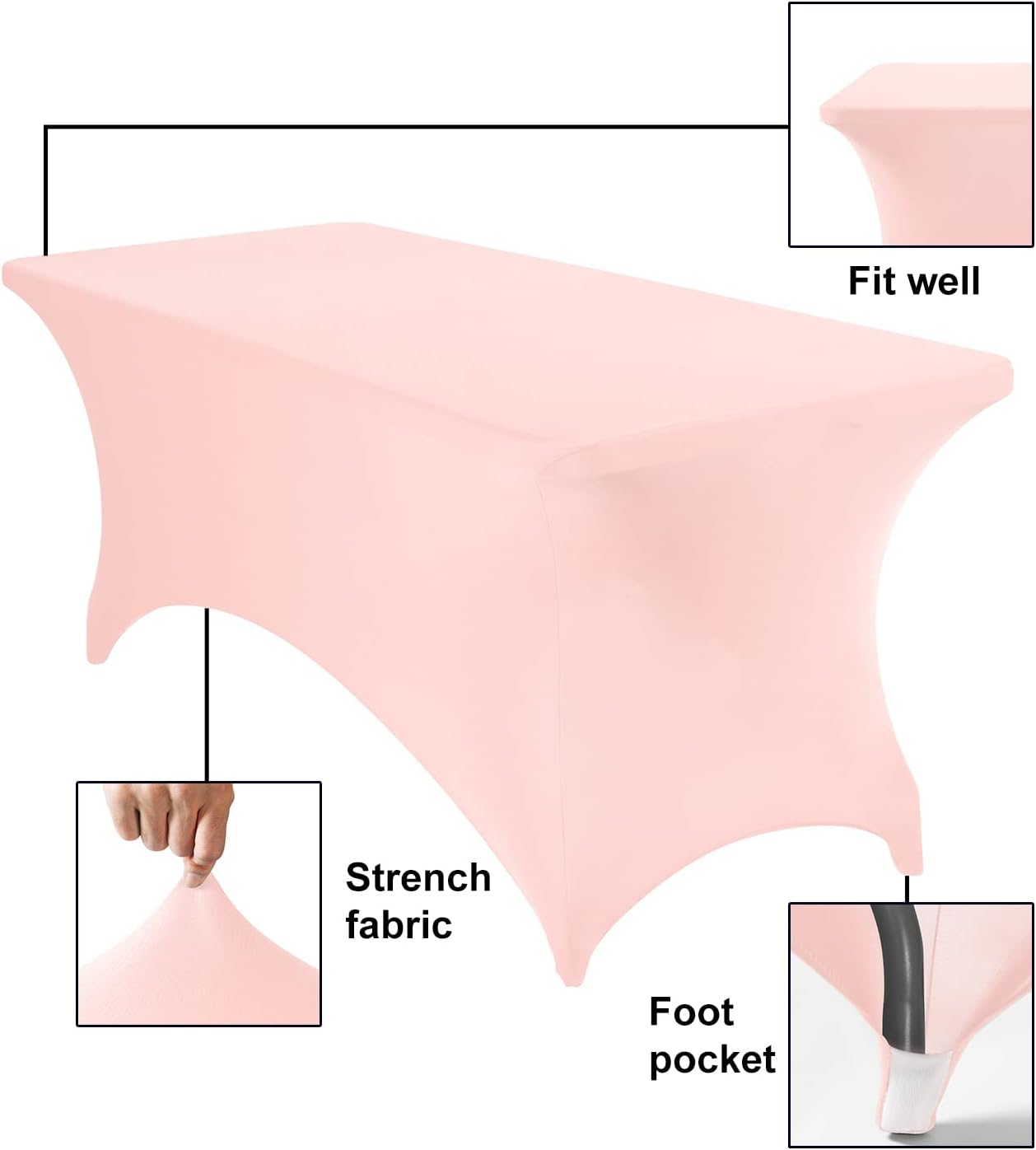 2Pack Spandex Waterproof Table Covers 6ft，Spandex 6ft Waterproof Table Cover for Party,Wedding, Banquet, and Events(Blush Pink)
