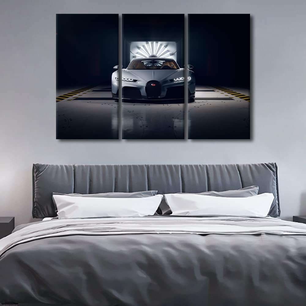 Gray Sports Car in the Garage Canvas Wall Art for Living Room Speed Sports Racing Cars Modern Abstract Painting 3 Panels Picture for Bedroom Office Home Wall Decorations Frame Wall Decor, 36"Wx24"H