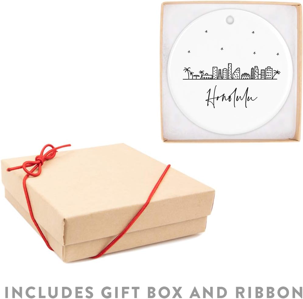 Andaz Press Round Ceramic Porcelain Christmas Tree Ornament Keepsake, Honolulu Black and White Stars City Skyline Graphic, 1-Pack, Birthday Gift Idea for Family, Coworker, Him, Her, Includes Gift Box