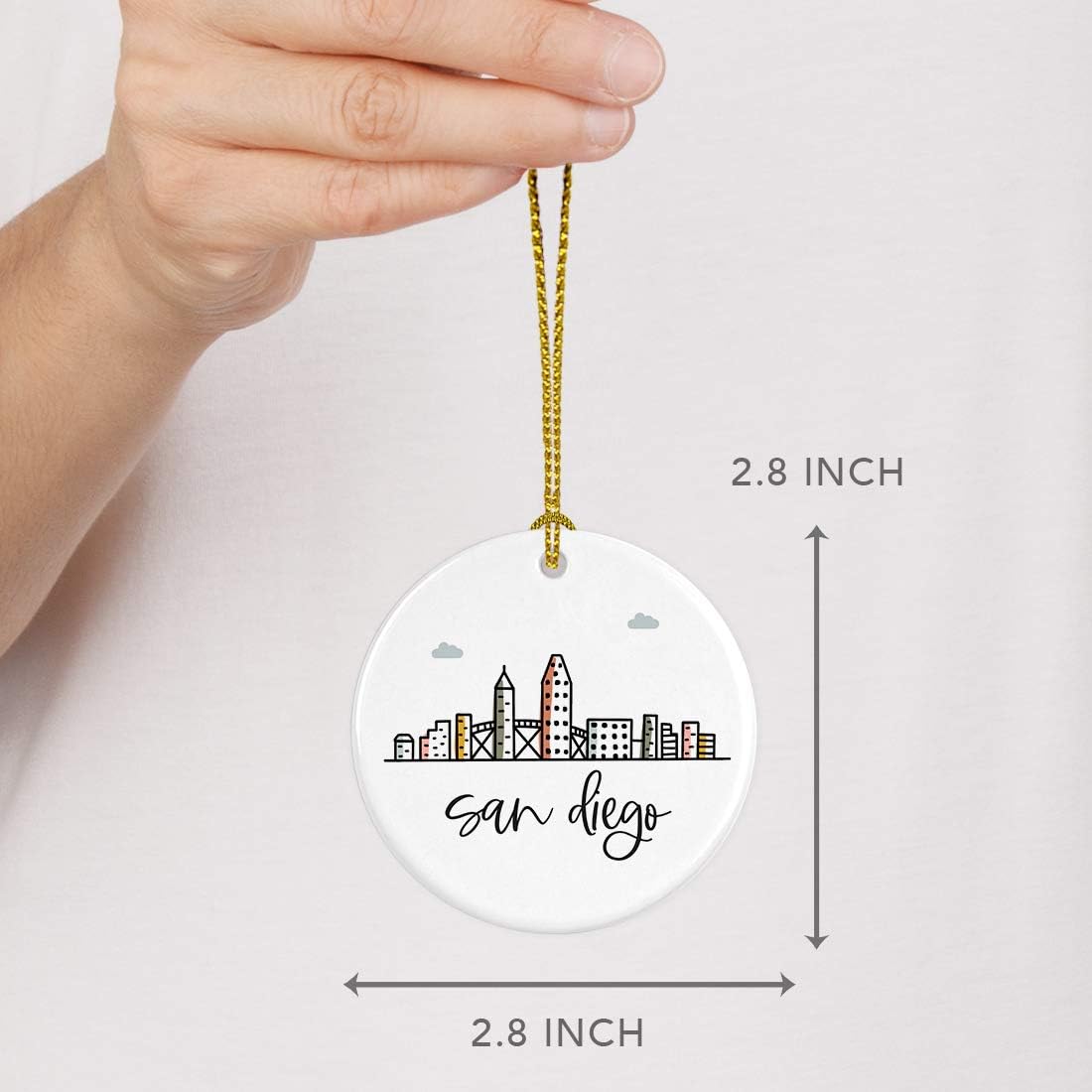 Andaz Press Round Ceramic Porcelain Christmas Tree Ornament Keepsake, San Diego Colorful City Skyline Graphic, 1-Pack, Birthday Gift Ideas Family Coworker Him Her, Includes Gift Box