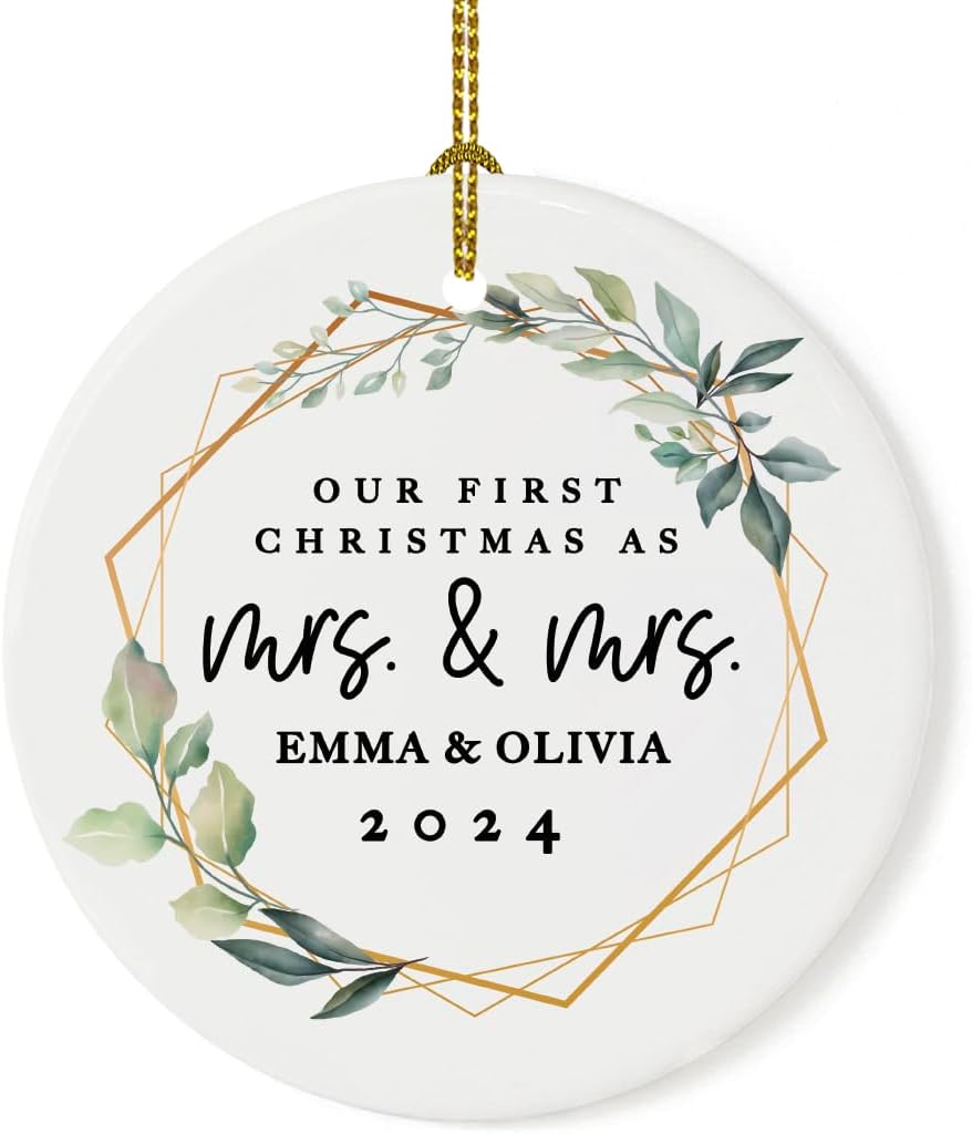 Andaz Press Personalized Our First Christmas As Mrs. & Mrs. 2025 Christmas Ornaments Geometric Greenery 2.8" Round Porcelain Ceramic Lesbian Married Couple Gay Women Newlyweds Wedding Keepsake 1-Pack