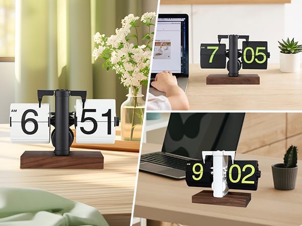 Flip Desk Clock, Retro Vintage Flip Desk Table Clock, Digital Clock Sided Large Numbers Mechanical Flip Clock Wood Base for Living Room, Study Room and Office（Frosted White）