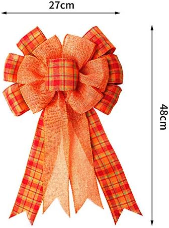 Iceyyyy 4Pcs Large Fall Thanksgiving Wreath Gift Bow -18.8x10.6inch Orange Buffalo Plaid Check Wreath Swag Bow Wreath Pre-Tied Bow for Fall, Thanksgiving, Christmas, Home Indoor Outdoor Ornaments