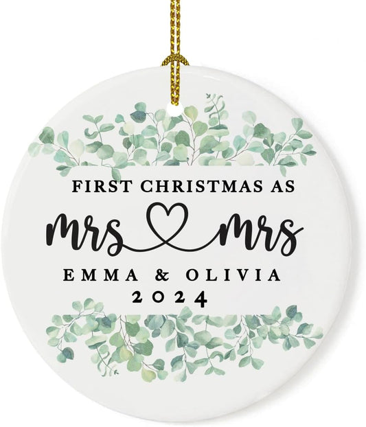 Andaz Press Personalized Our First Christmas As Mrs. & Mrs. 2025 Christmas Ornaments Greenery Eucalyptus 2.8" Round Porcelain Ceramic Lesbian Married Couple Gay Women Newlyweds Keepsake 1-Pack