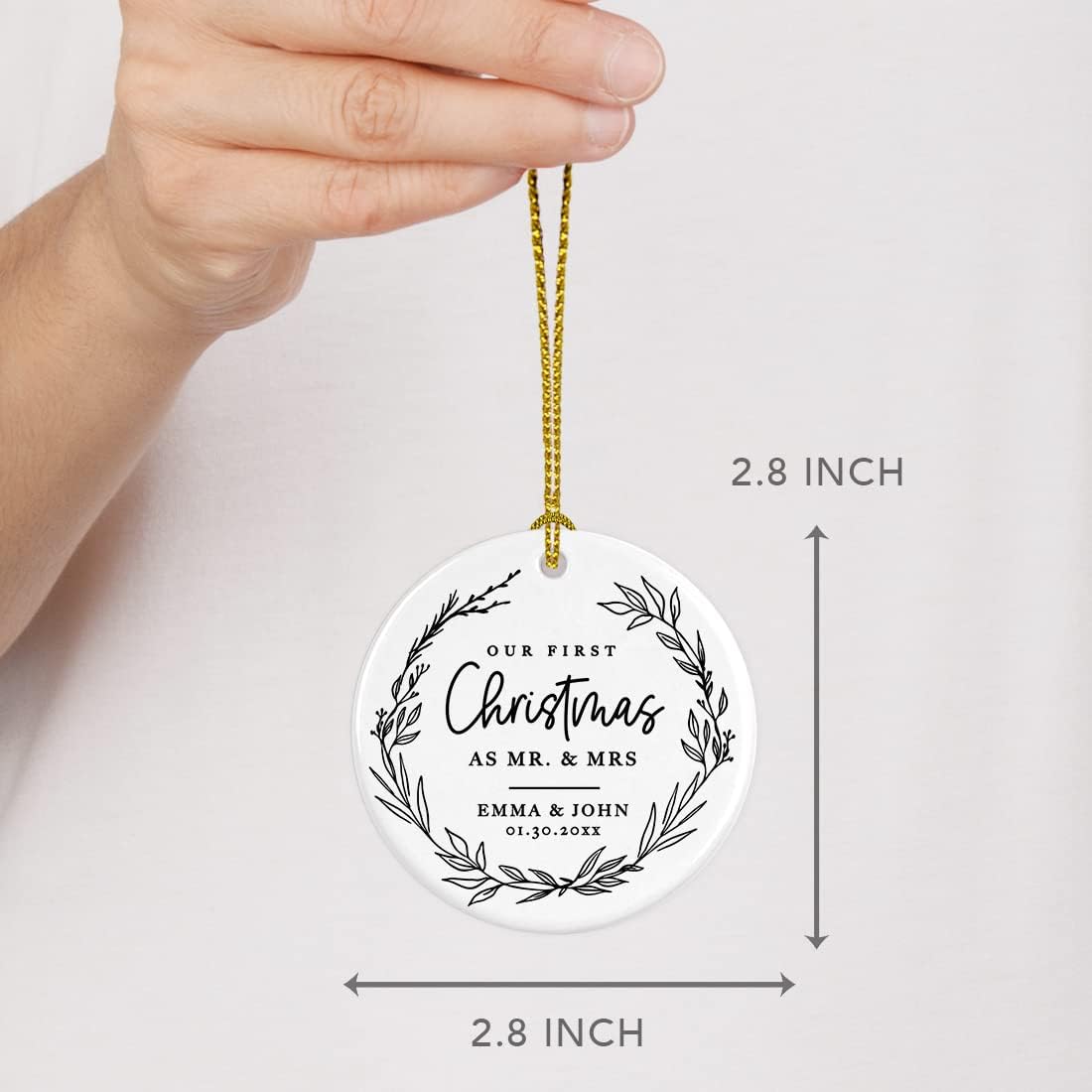 Andaz Press Personalized Our First Christmas As Mr. & Mrs. 2024 Christmas Ornaments Modern Farmhouse Wreath 2.8" Round Porcelain Ceramic 1st Year Married Custom Ornament Keepsake for Newlyweds 1-Pack