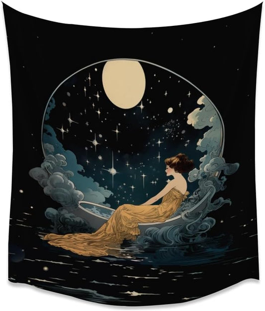 Dark Academia Tapestry Celestial Moonlit Bathing Lady Print Trendy Aesthetic Gothic Wall Hanging Vintage Art Nouveau Tapestries Wall Decor for Bedroom Living Room Dorm 40x60inch