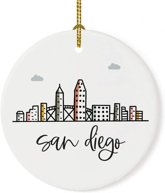 Andaz Press Round Ceramic Porcelain Christmas Tree Ornament Keepsake, San Diego Colorful City Skyline Graphic, 1-Pack, Birthday Gift Ideas Family Coworker Him Her, Includes Gift Box