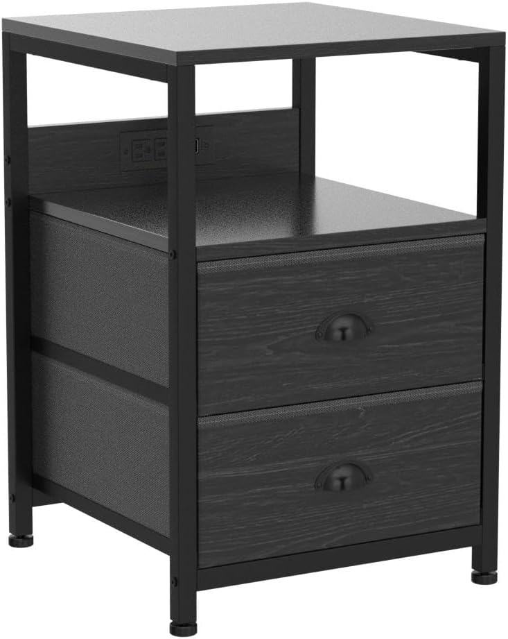 Furologee Nightstand Set of 2, Black Oak, with Charging Station and USB Ports, Side Tables with 2 Fabric Drawers, Bedside Tables with Storage Shelf & Hooks, for Living Room/Bedroom