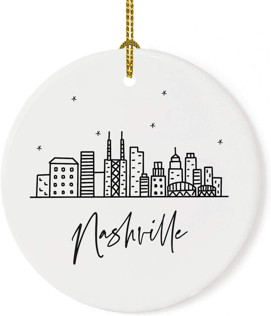 Andaz Press Round Ceramic Porcelain Christmas Tree Ornament, Nashville Black and White Stars City Skyline, 1-Pack, Birthday Ideas for Family Coworker, Christmas Ornament