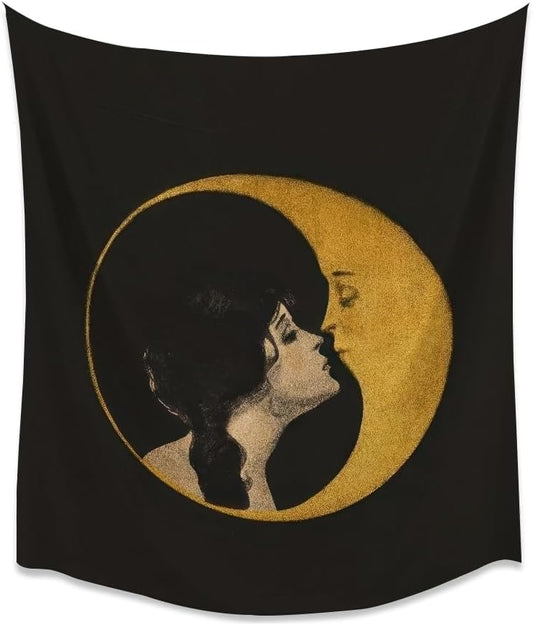 Dark Academia Woman Kissing Moon Art Tapestry Gothic Aesthetic Wall Hanging Witchy Picture Print Moon Goddess Tapestries Wall Decor for Living Room Bedroom Dorm 60x80inch