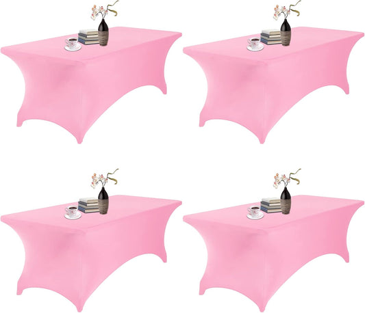 4Pack Spandex Waterproof Table Covers 8ft，Spandex 8ft Waterproof Table Cover for Party,Wedding, Banquet, and Events(Pink)