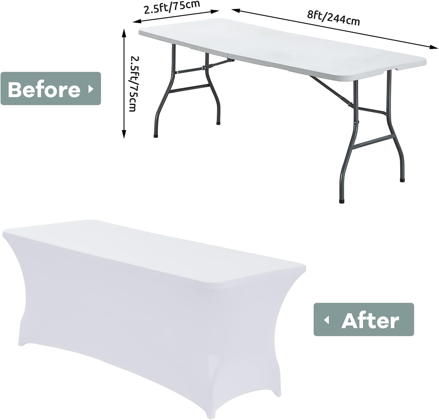 CWK 8FT Waterproof Stretch Spandex Table Cover for Rectangular Tables - Elastic Fitted Tablecloth for Folding Tables,Wrinkle Resistant Table Cloth for Parties, Weddings, Banquets & Events (White)