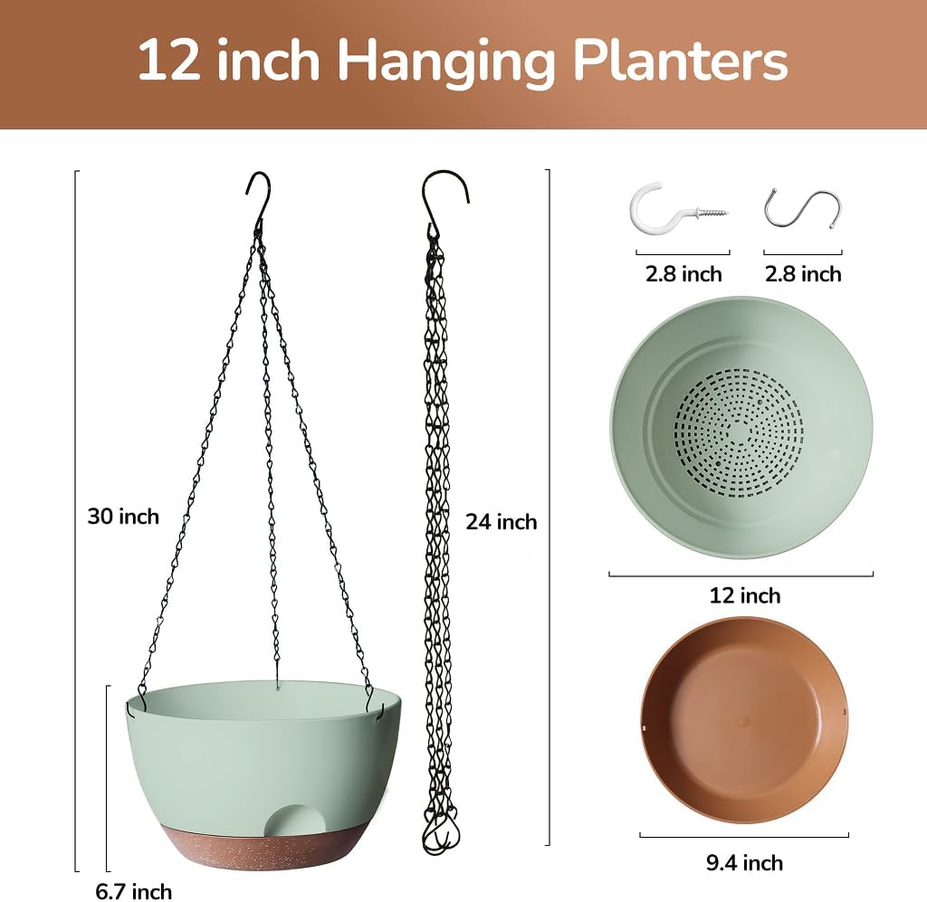 12 Inch Hanging Baskets for Plants Outdoor, Hanging Planters for Indoor Outdoor Plants, Hanging Planter with Self Watering, Hanging Flower Pots (Green)