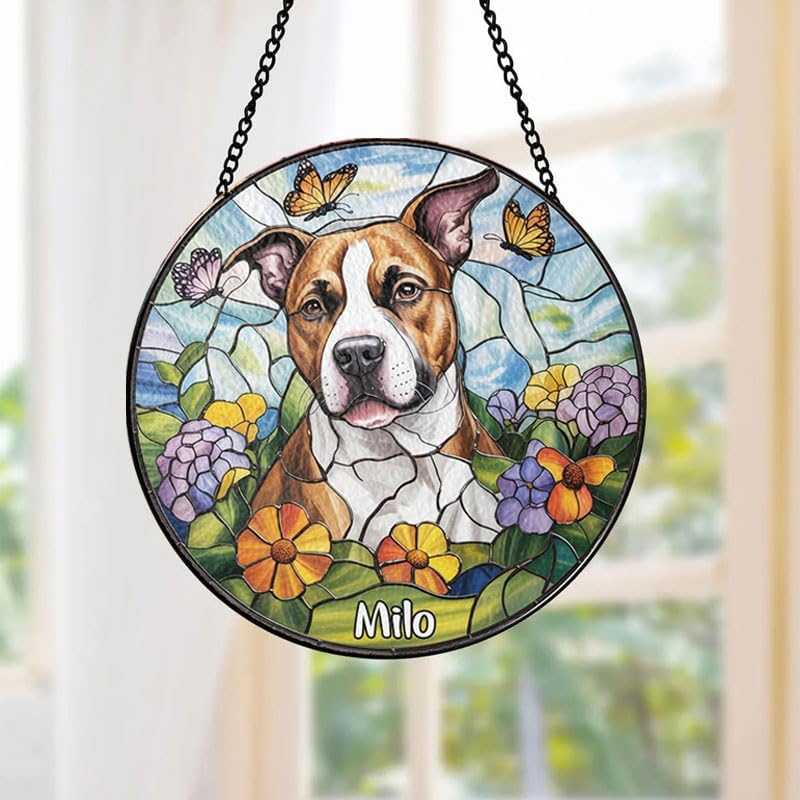 Custom Stained Glass Dog Portrait with Pet Name, Personalized Window Hanging, Pet Loss Memorial Gift, Unique Keepsake Decoration for Dog Lovers