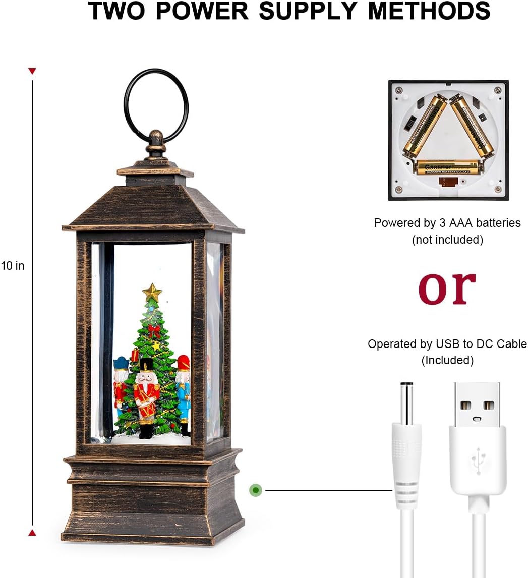 10'' Nutcracker Snow Globe, Musical Christmas Water Lantern with Swirling Glittering Home Decoration and Gift, Battery Operated or USB Powered