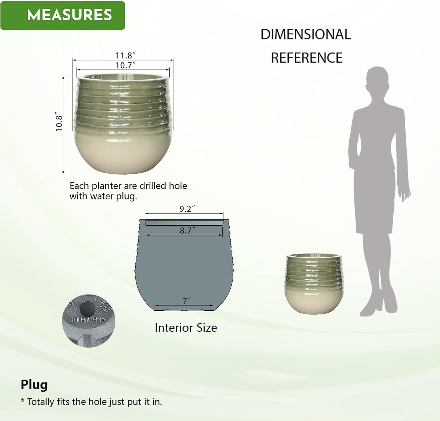 10.8" H Resin Tall Planters for Outdoor Plants, Modern Emerald Round Tapered Plastic Flower Pot for Outdoor and Indoor Plants, Large Plant Pot with Drainage Holes and Rubber Plug for Home Garden Patio