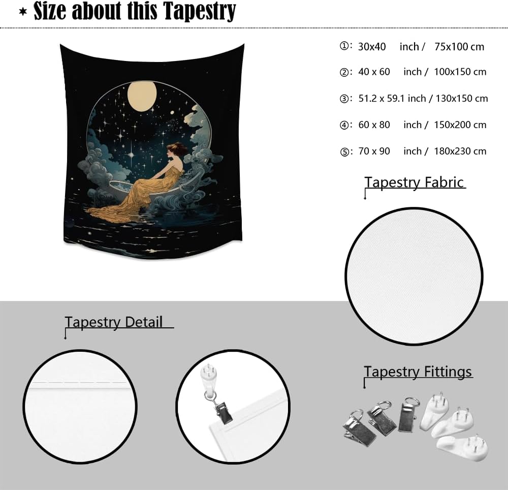 Dark Academia Tapestry Celestial Moonlit Bathing Lady Print Trendy Aesthetic Gothic Wall Hanging Vintage Art Nouveau Tapestries Wall Decor for Bedroom Living Room Dorm 30x40inch