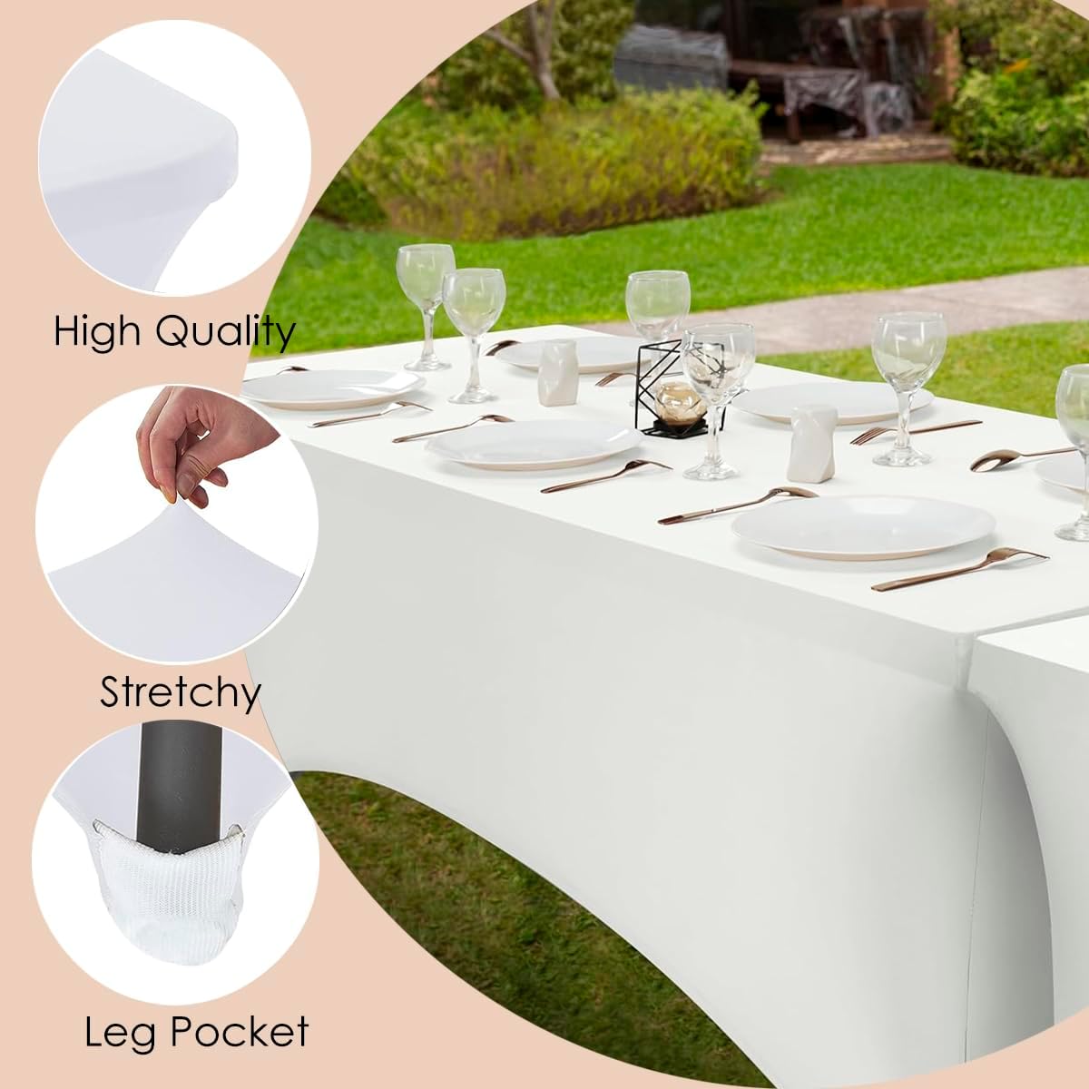 Craft And Party 6 Pack 8ft White Spandex Tablecloth – Fitted Stretch Cover – Universal Fit for Folding Tables – Wrinkle-Free, Washable – Ideal for Parties, Weddings, Events