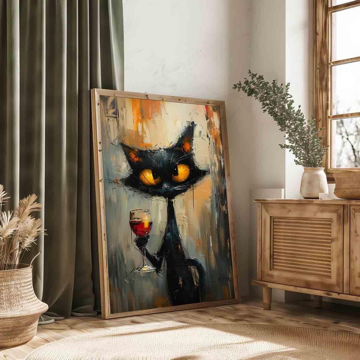 Funny Black Cat Wall Art Cute Black Cat Pictures Animal Abstract Painting Red Wine Wall Art Abstract Cat Cute Pictures Vintage Animal Pictures Funny Painting Living Room Decor 16x24inch No Frame