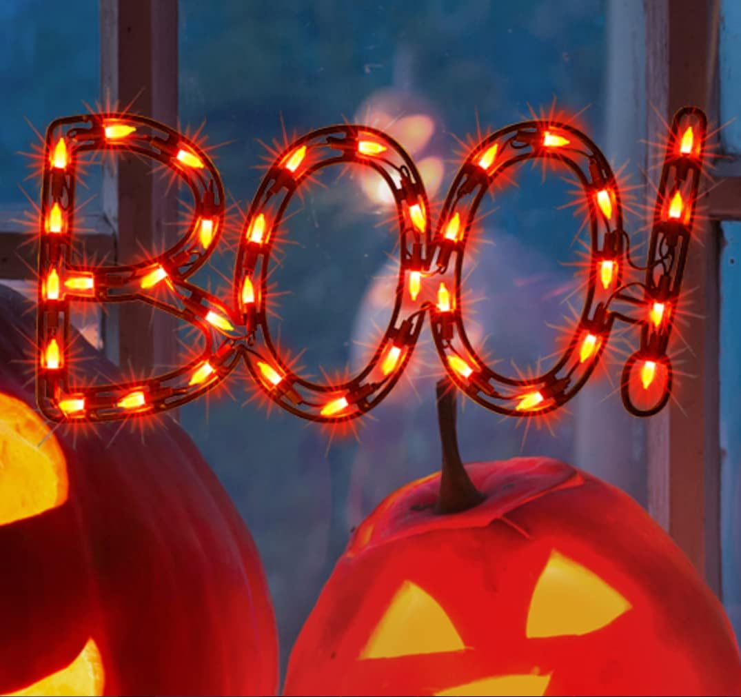 13.3" Lighted Boo Halloween Window Silhouette Decoration,Halloween Lighted Window Decoration,Hanging Light Up Holiday Ornament