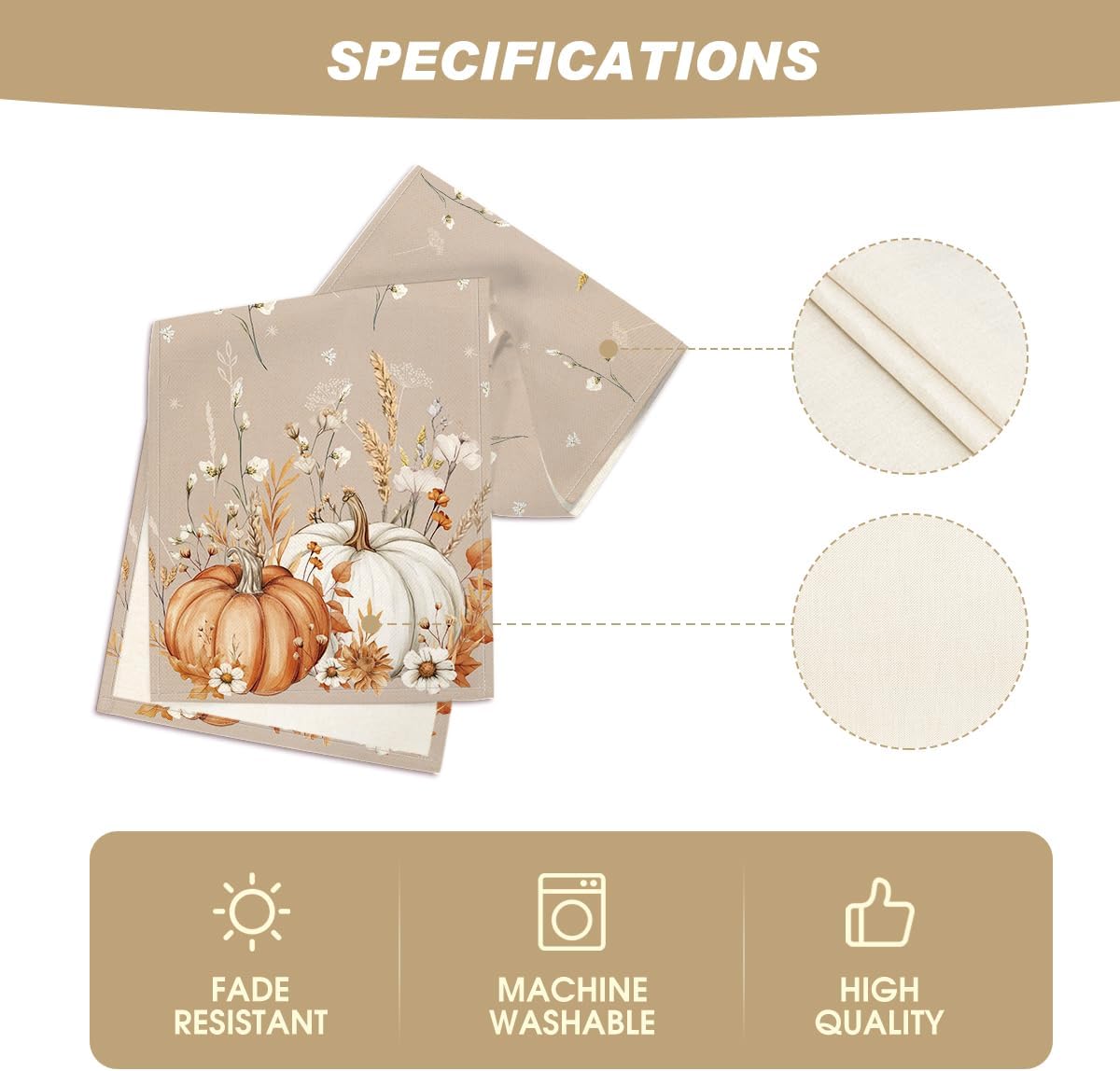 Artoid Mode Pumpkins Leaves Flowers 210 GSM Fall Table Runner, Seasonal Autumn Kitchen Dining Table Decoration for Home Party Decor 13x72 Inch