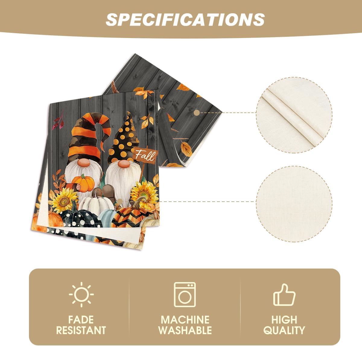 Artoid Mode Gnomes Pumpkins Sunflower Leaves Fall Table Runner, Seasonal Autumn Kitchen Dining Table Decoration for Home Party Decor 13x120 Inch