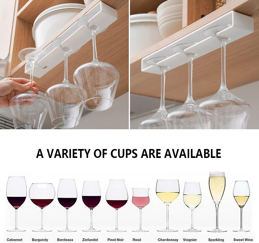 4 Pack Wine Glass Holder,Wine Glass Rack Punch-free Under Cabinet Wine Glass Holder Hanging Plastic Stemware Rack（White）
