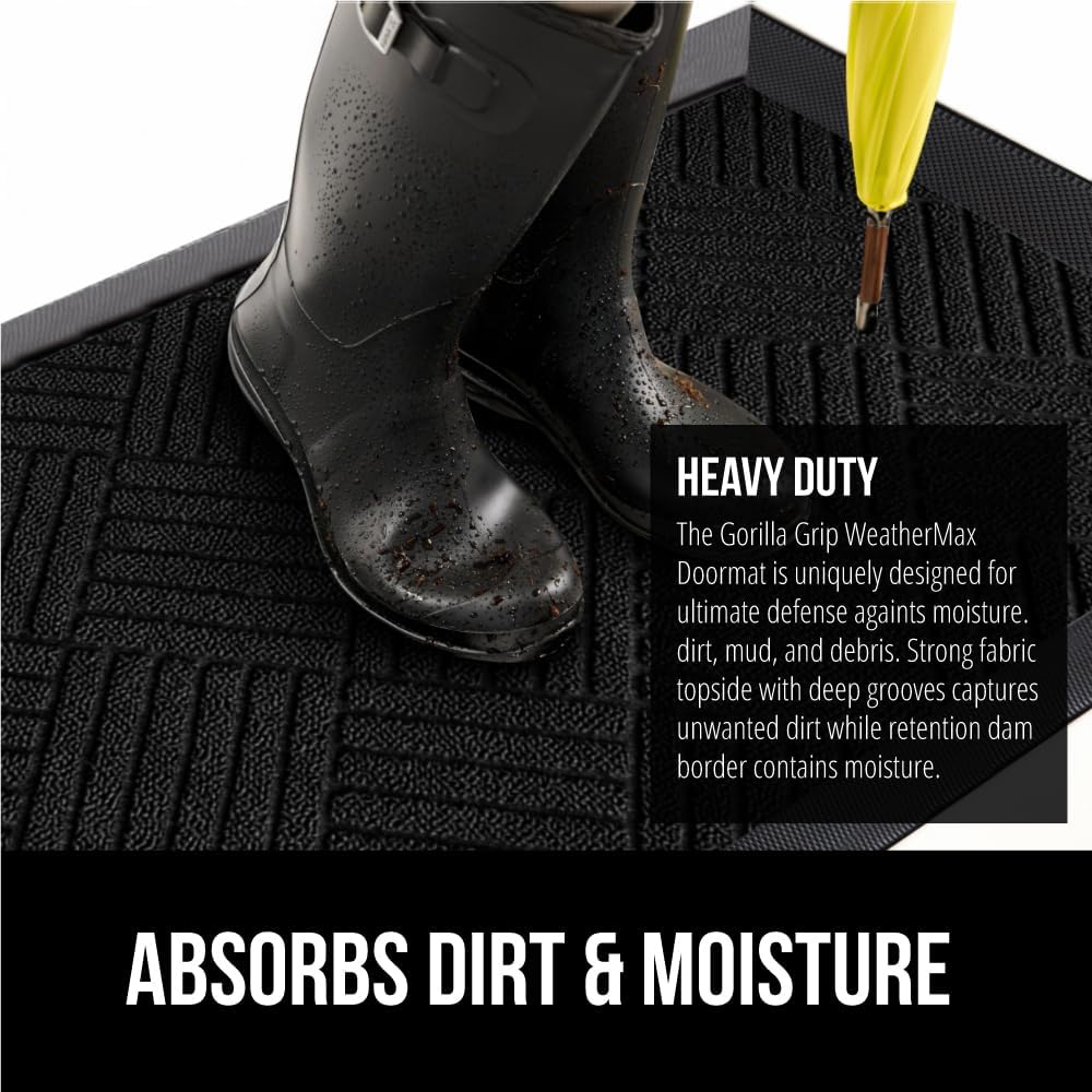 GORILLA GRIP 100% Waterproof All-Season WeatherMax Doormat US Designed Natural Rubber, Stain and Fade Resistant, Low Profile Indoor Outdoor Door Mats, Easy Clean Patio Mat, 17x29, Black Diamond