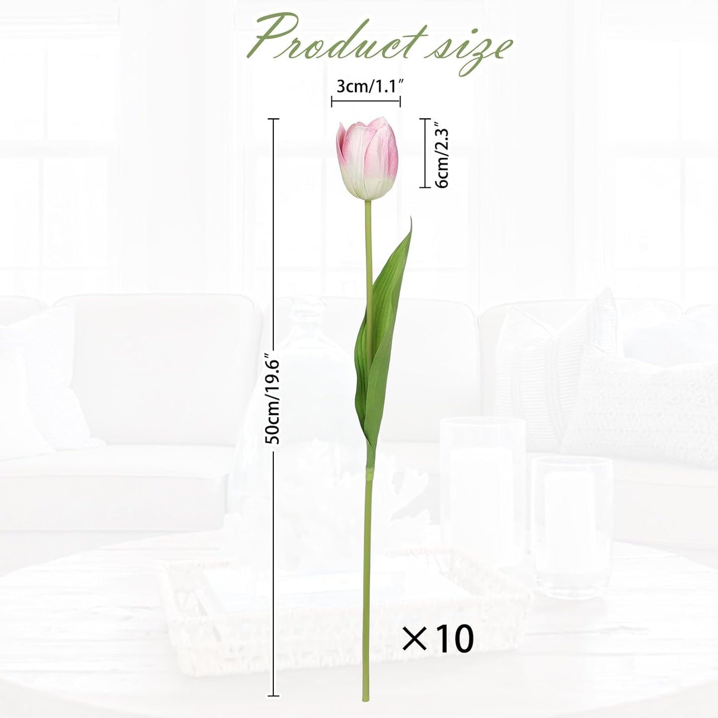 Artificial Tulips Flowers – 20" Long Stem Faux Tulips, 10PCS Real Touch Fake Pink Tulip for Vase, Farmhouse, Kitchen, Spring & Wedding Home Decor