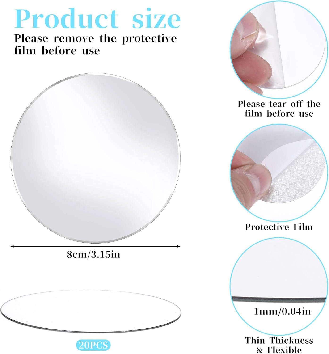 20pcs Mini Acrylic Mirror Tiles Round Mirror Stickers 3in Self Adhesive Small Round Mirror Small Circle Mirror DIY Crafts Small Decorative Mosaic Mirror Sheets for Walls