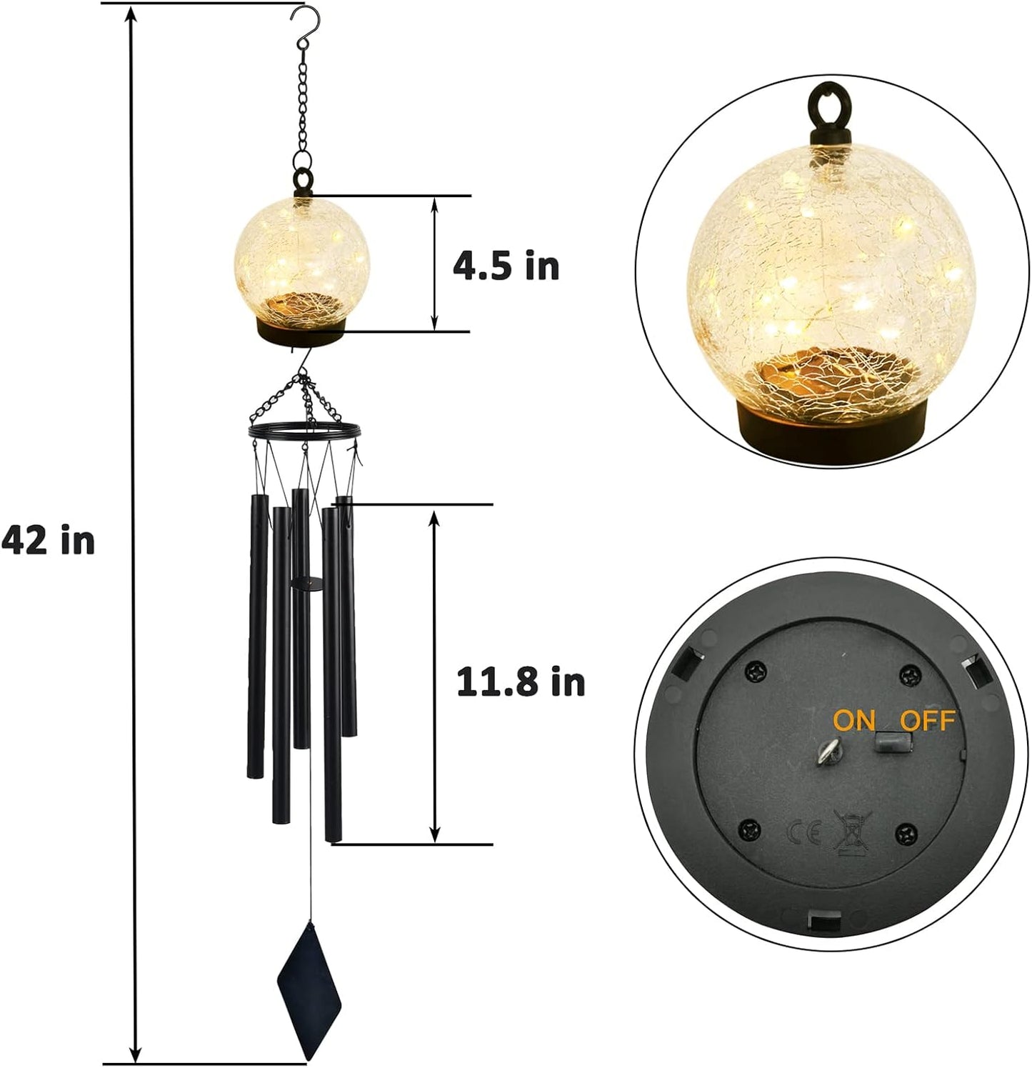 42 Inch Wind Chimes Outdoor Solar Lights, 15 Twinkle Warm White LED Large Sympathy Chime Crackled Glass Ball Birthday Gifts for Women Mom Grandma Decorative Hanging in Garden, Yard, Patio, Landscape